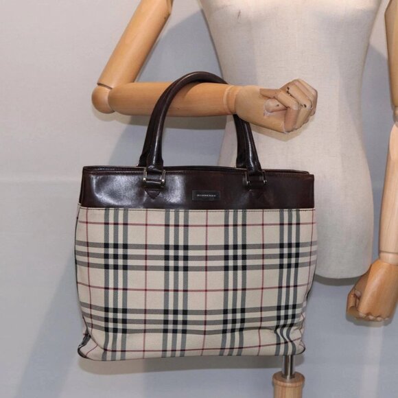 BURBERRY Nova Check Hand Bag Canvas Beige Silver Auth - Picture 1 of 16